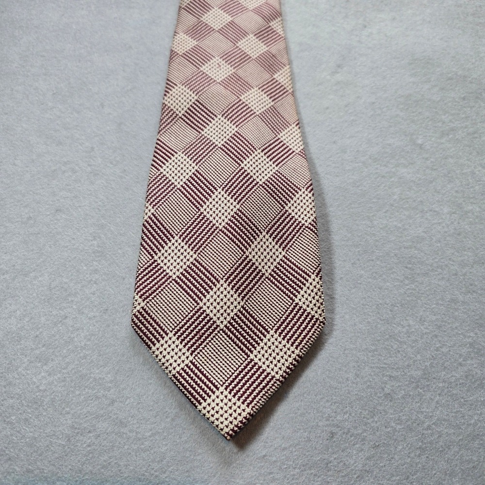 Today's Man Silk Tie Burgundy Tan Geometric Plaid Made Italy Vintage Preppy